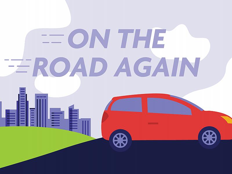 An illustration of a red car driving through a city with the words, "On the road again" in the clouds