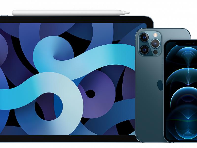 Graphic of an Apple iPad, iPhone camera, and iPhone Screen. The iPad is showing an image of large blue and purple swirls